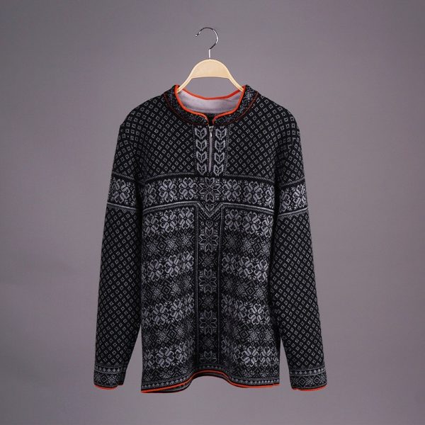 Berg zip-up high neck sweater with scandinavian jacquard knit black gray