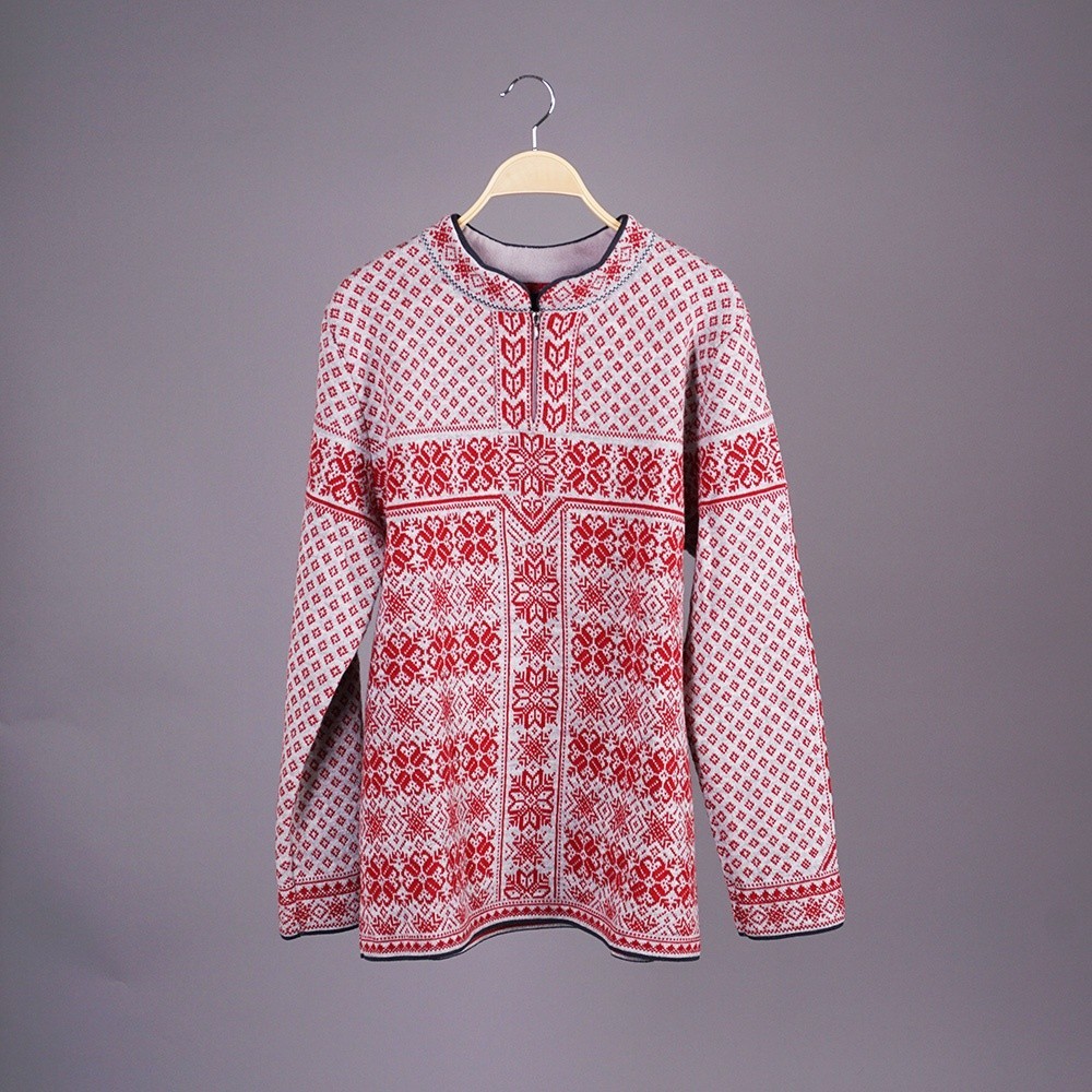 Berg пуловер с воротником на молнии и скандинавским узором серо-красного цвета