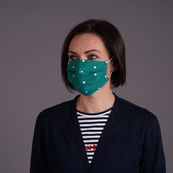 Green linen reusable mask with white dots