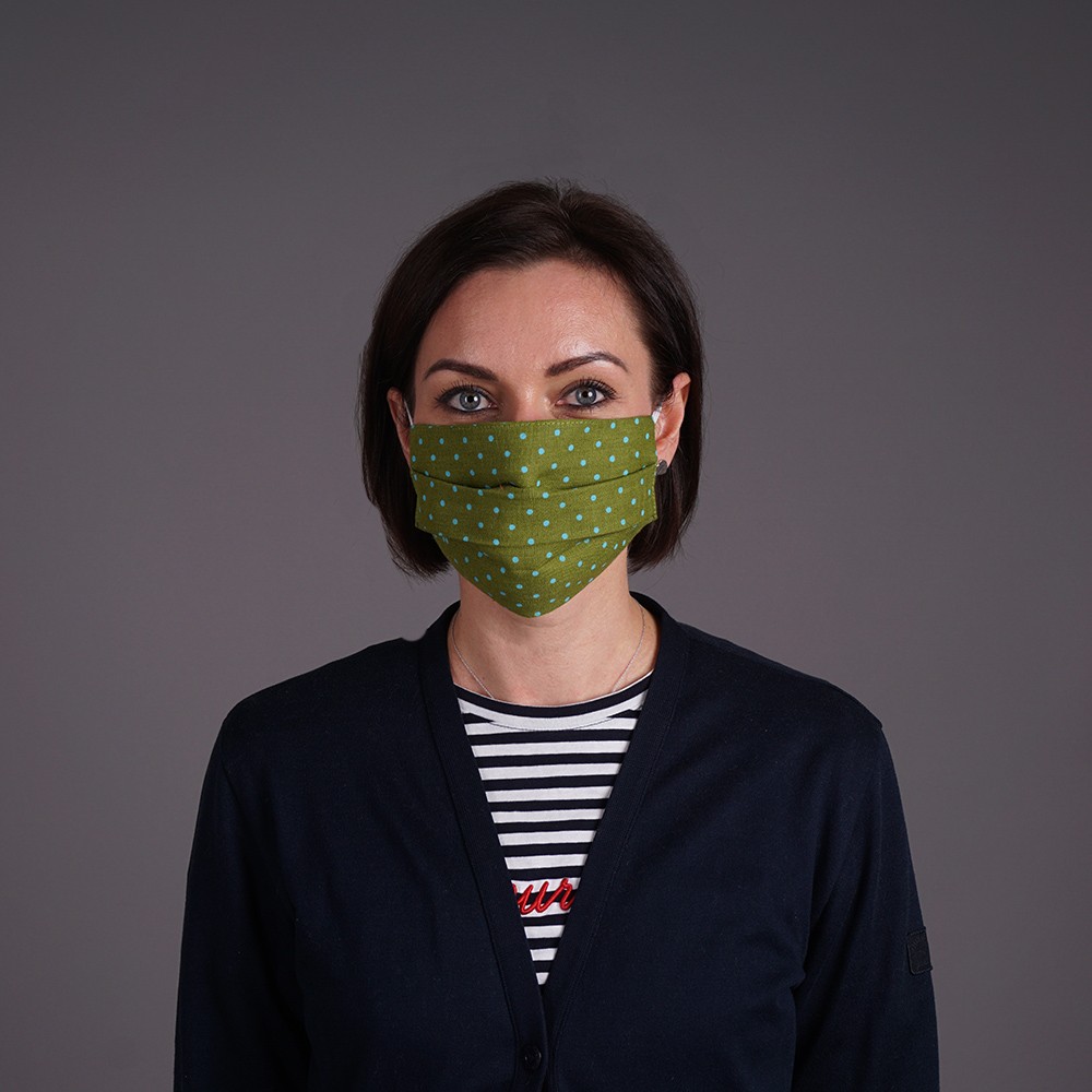 Olive linen reusable mask with turquoise dots
