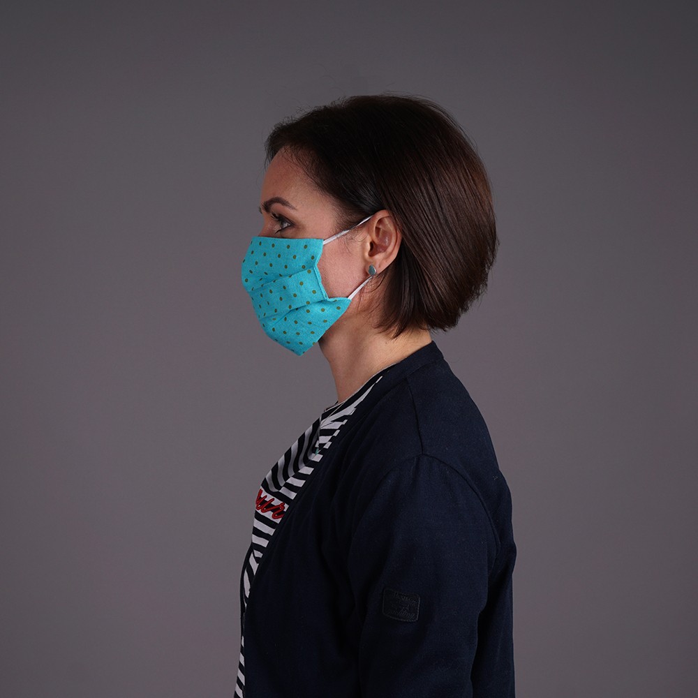 mask-turquoise-with olive dots-side Linane korduvkasutatav türkiis täpiline mask (oliivroheline)