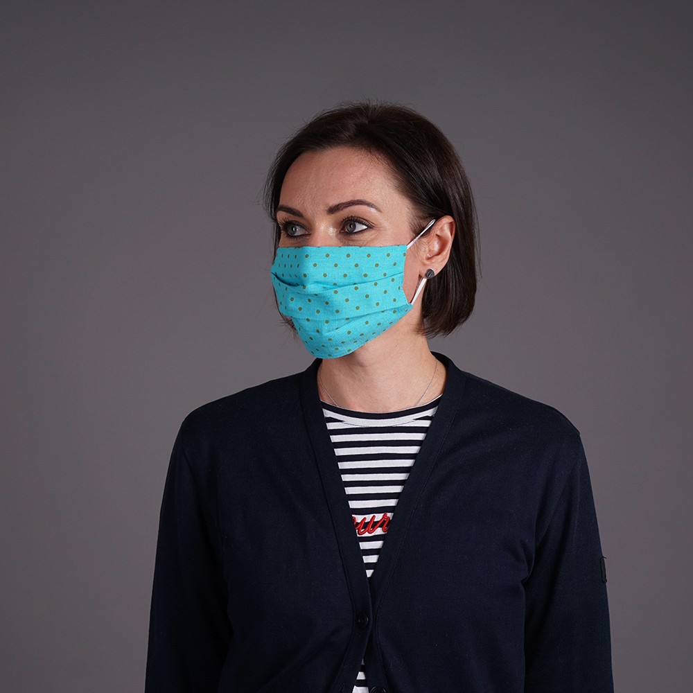 mask-turquoise-with olive dots Linane korduvkasutatav türkiis täpiline mask (oliivroheline)