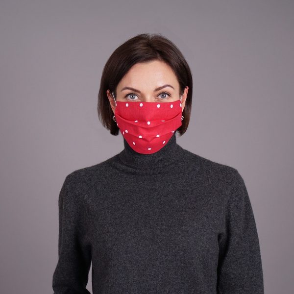Pink linen reusable mask with white dots