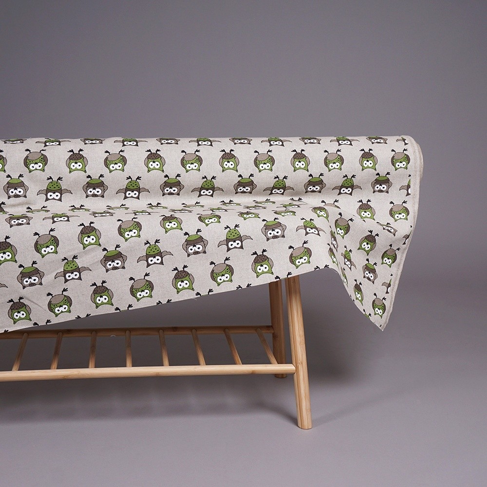 17-green owl print linen fabric 2