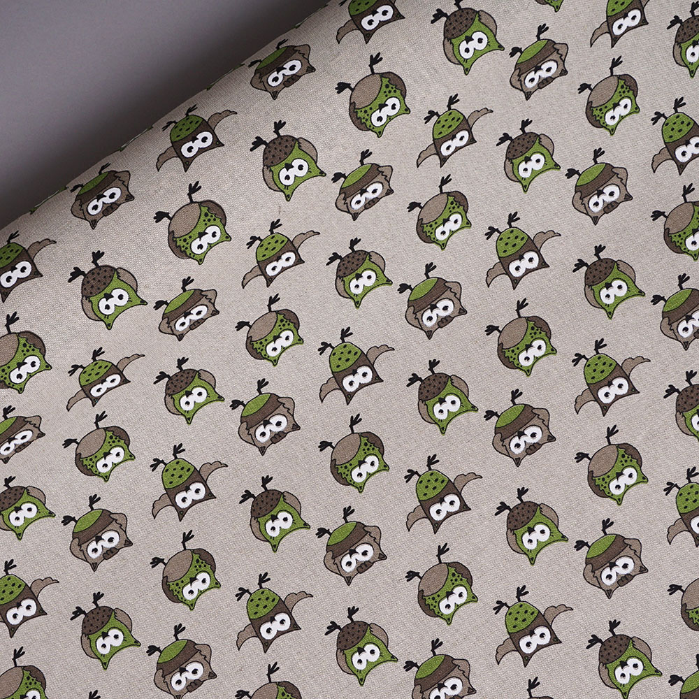 17-green owl print linen fabric 4