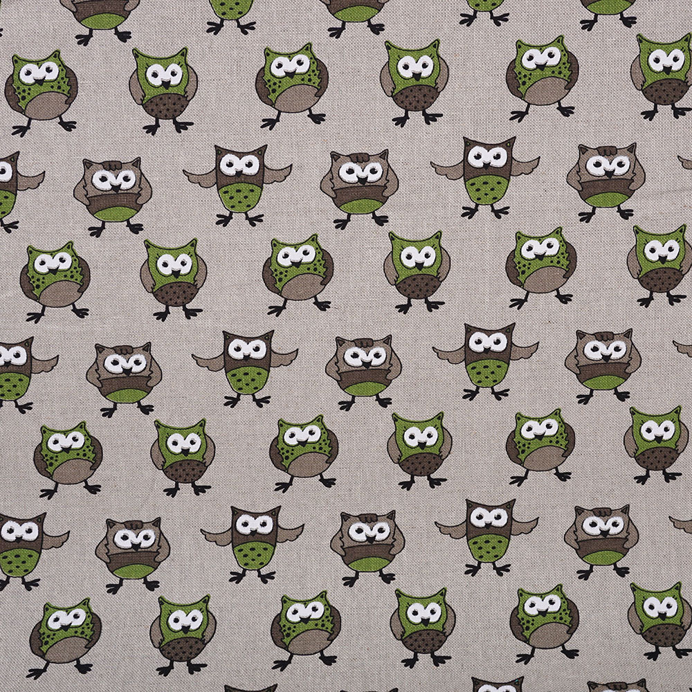 17-green owl print linen fabric crop