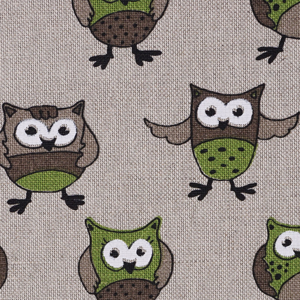 17-green owl print linen fabric macro crop