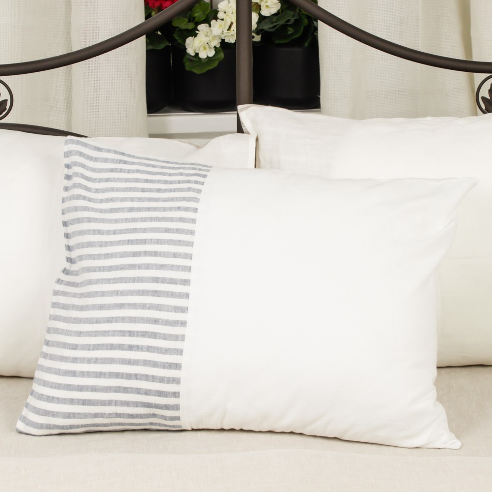 White stonewashed linen pillowcase with blue strip insert Shop with Veta
