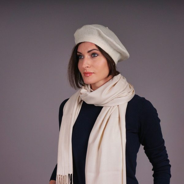 Cream pashmina shawl and hat set