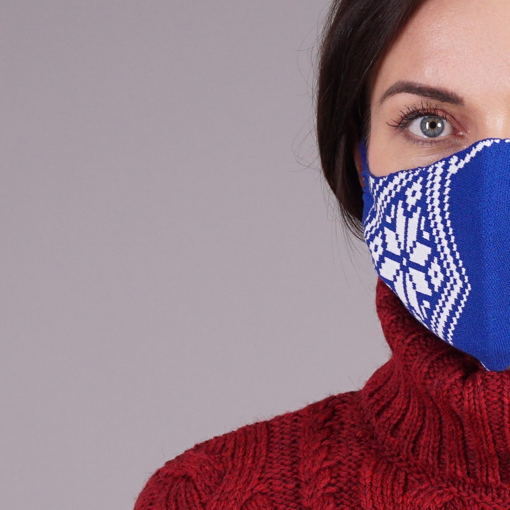 blue knitted mask with pattern crop Nordstar blue knitted reusable mask