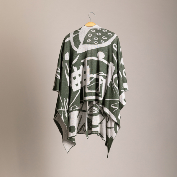 Skarlet linen with geometric pattern poncho Dark green white
