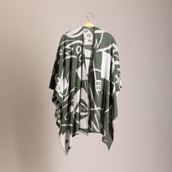 Skarlet linen with geometric pattern poncho Dark green white
