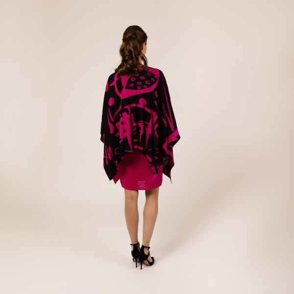 Skarlet linen with geometric pattern poncho black fuxia