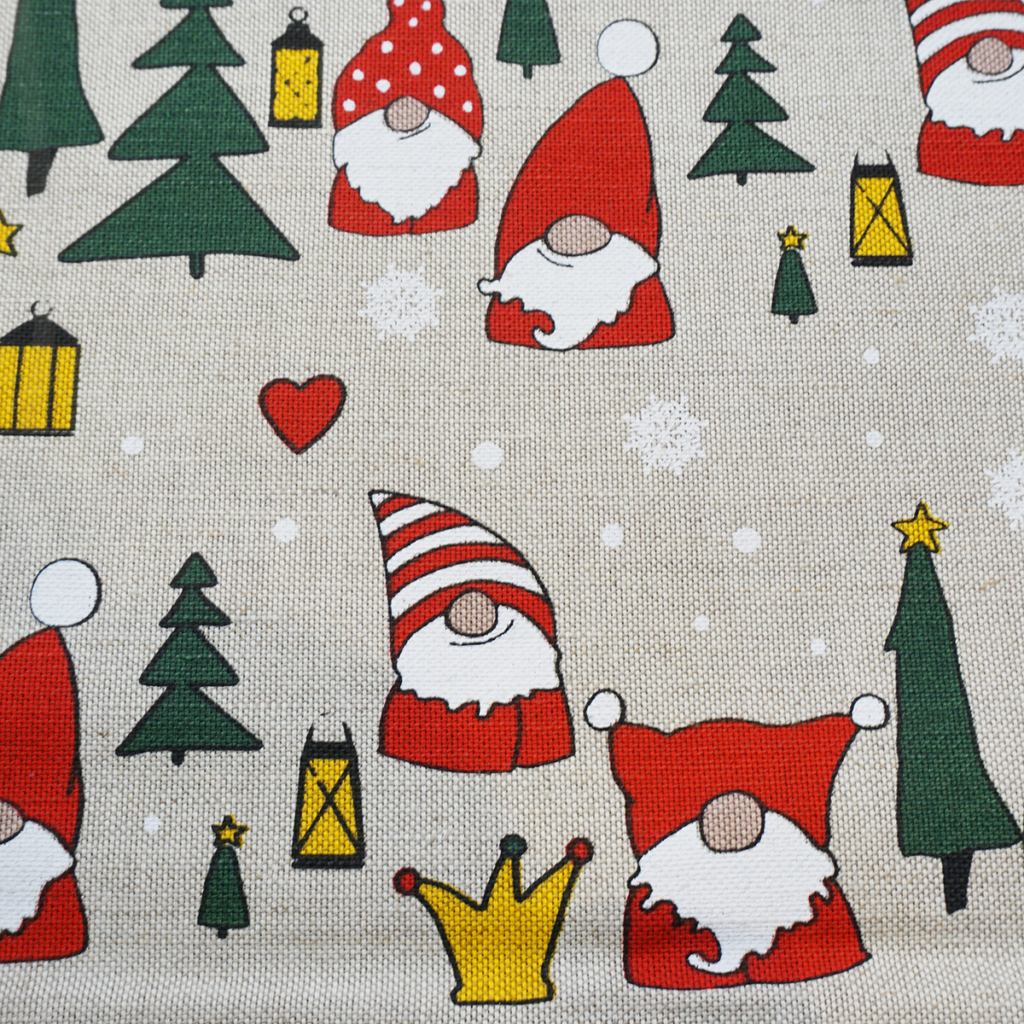 Christmas gnomes print natural linen fabric