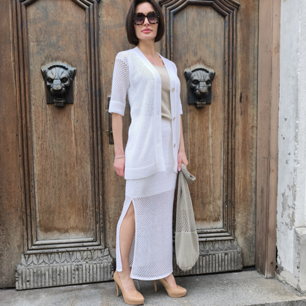 Monaco openwork knit linen jacket white