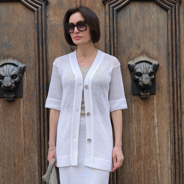 Monaco openwork knit linen jacket white