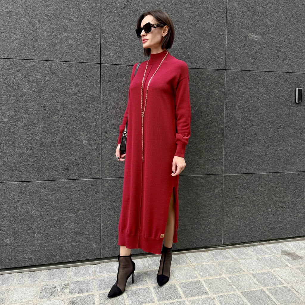 Pinata long sleeve pure wool knit dress red