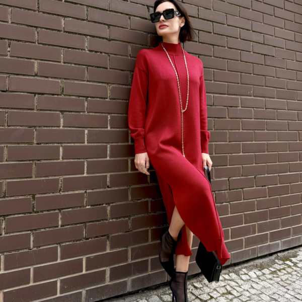 Pinata long sleeve pure wool knit dress red