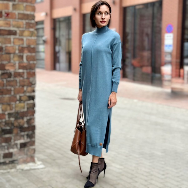 Pinata long sleeve pure wool knit dress blue