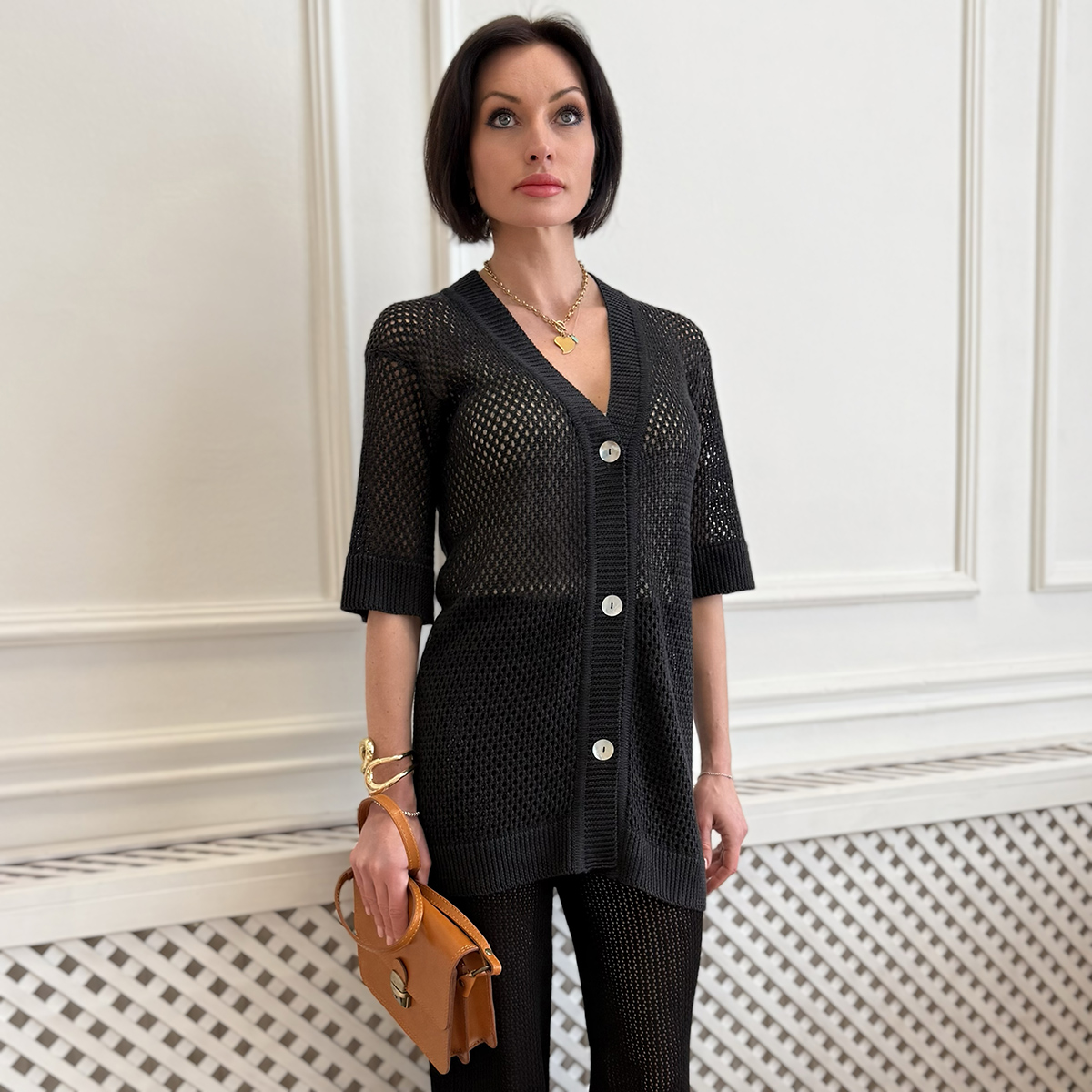 Monaco льняной жакет ажурная вязка черного цвета