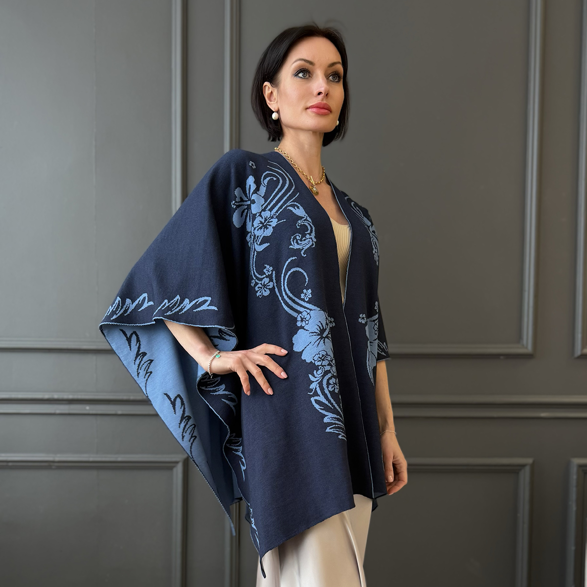Hawaii Pure Merino Wool Poncho D/Blue-Blue