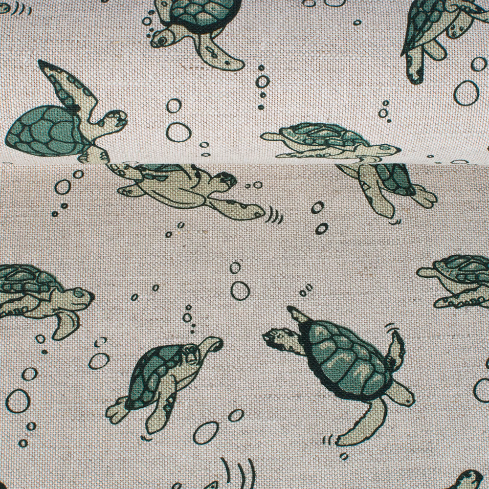 Turtles print natural linen fabric
